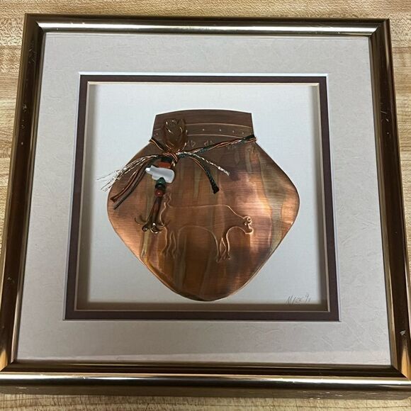 Southwest Copper Repousse Pottery By‎ Oberkirsch Framed Matted Signed Cow Steer - Picture 1 of 4